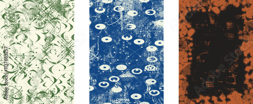 Set of posters with glitch distorted grunge texture. Poster collection texture with halftone dots, glitched shapes, textures and lines .Screen print vector poster pack with grunge textured surface