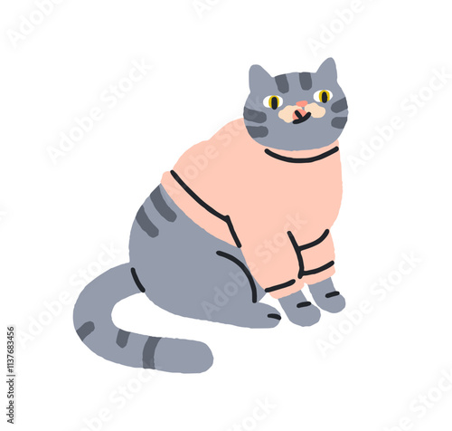 Cute funny cat in sweater, licking food from muzzle with tongue. Comic adorable kawaii feline pet, humor kitty sitting in clothing, eating. Flat vector illustration isolated on white background