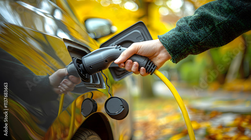 Electric Car Charging Station. Close-up of Hand Inserting Power Connector or Plug. Concept for Eco Branding, Automotive Blogs, Ads, E-commerce, Social Media, Green Energy Campaigns, Presentations photo