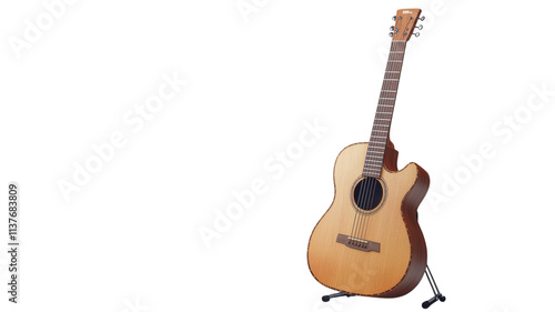 Acoustic guitar on a stand showcasing intricate craftsmanship in a well-lit environment.