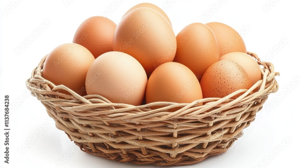 Fresh farm eggs in a rustic basket, isolated on a white background for an organic food concept Fresh farm eggs in a rustic basket, isolated on a white background for an organic food concept