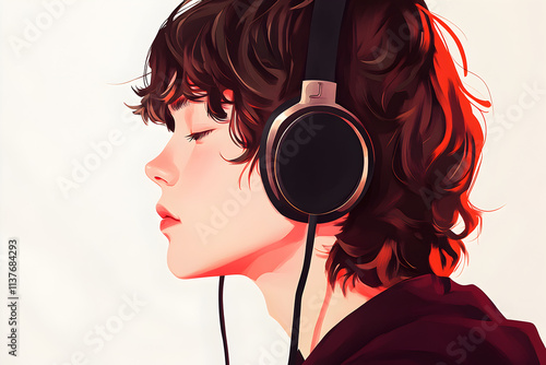 A young person with headphones lost in thought, embodying a moment of introspection. Anime character illustration photo