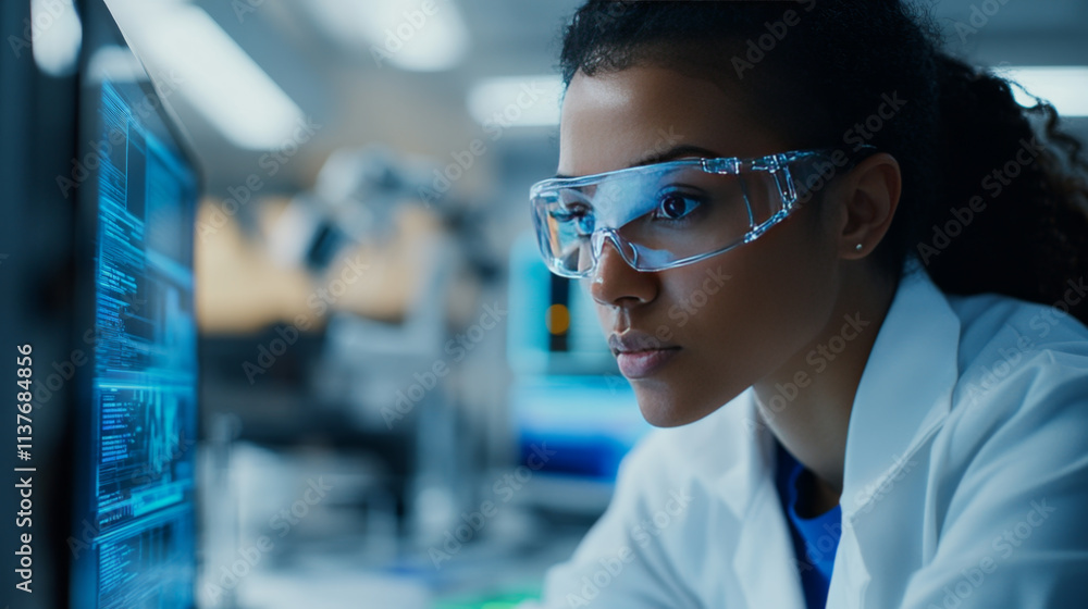 Focused Female Scientist Working in High-Tech Laboratory Focused Female Scientist Working in High-Tech Laboratory