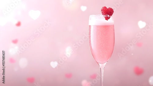 A refreshing pink drink topped with foam and a raspberry, set against a soft pink background with heart decorations.