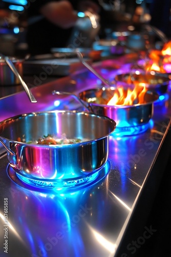 Wallpaper Mural Vibrant Culinary Flames Illuminating a Metallic Kitchen Scene with Cooking Pots and Pans Torontodigital.ca