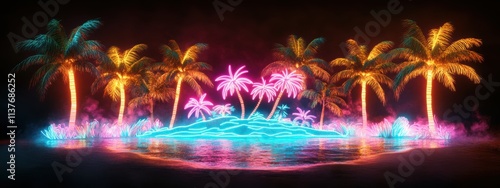 A neon sign shaped like a tropical island with glowing palm trees, surrounded by pink, teal, and orange lights on a dark background photo