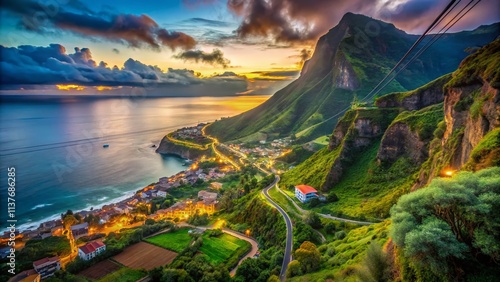 Madeira Achadas da Cruz Low Light Teleferico Aerial View: Dramatic Green Landscape, Cable Car, West Coast Portugal photo