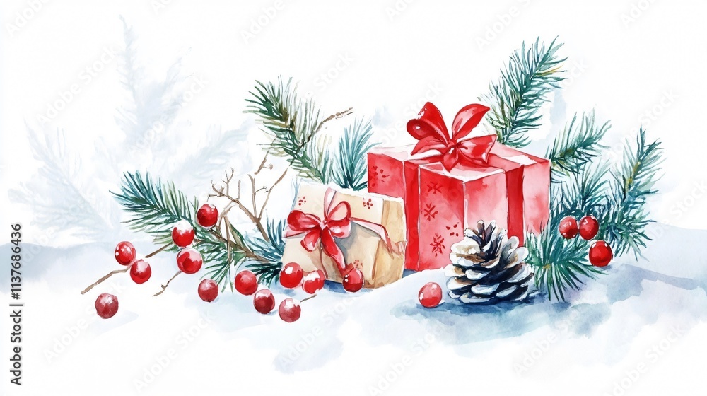 Christmas Gifts in the Snow: A Watercolor Painting of Festive Presents Christmas Gifts in the Snow: A Watercolor Painting of Festive Presents