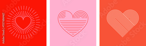 Bohemian Valentines day abstract linear art hearts. Minimalist geometric Valentines heart symbols, elements. Love, wedding, valentines concept illustration