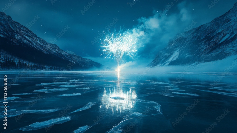 Festive Fireworks Over Frozen Lake And Mountains Festive Fireworks Over Frozen Lake And Mountains