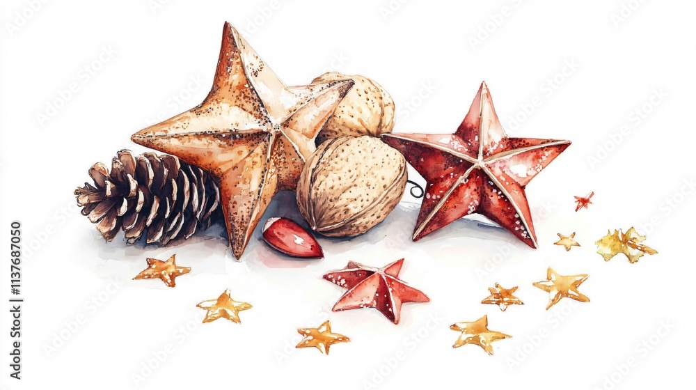 Festive Watercolor Still Life: Christmas Stars, Pine Cone, and Walnuts Festive Watercolor Still Life: Christmas Stars, Pine Cone, and Walnuts