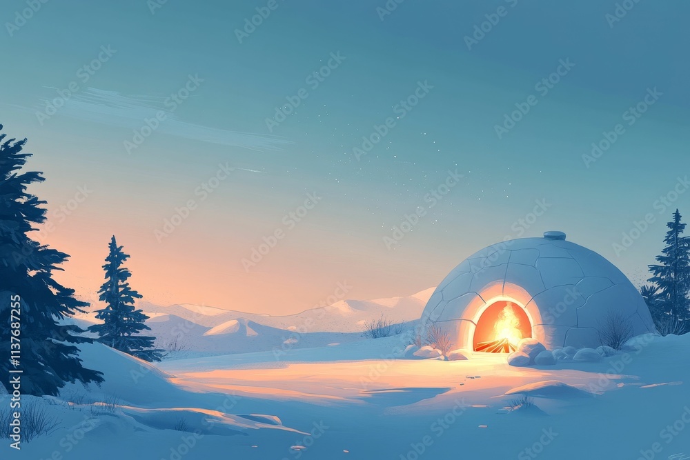 Obraz premium Snowy landscape, igloo, firelight, tranquil winter scene.