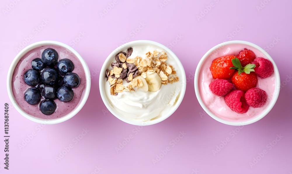 A colorful advertisement top shot of yogurt bowl, Generative AI A colorful advertisement top shot of yogurt bowl, Generative AI