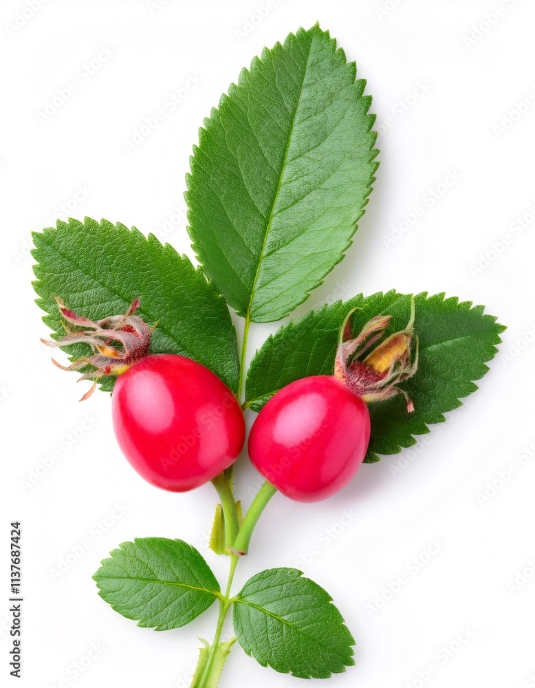 Two ripe rose hips with green leaves, isolated on a white background, showing healthy growth Two ripe rose hips with green leaves, isolated on a white background, showing healthy growth