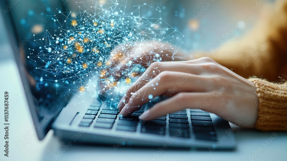 The double exposure image showcases a woman's hands typing on a computer keyboard The double exposure image showcases a woman's hands typing on a computer keyboard