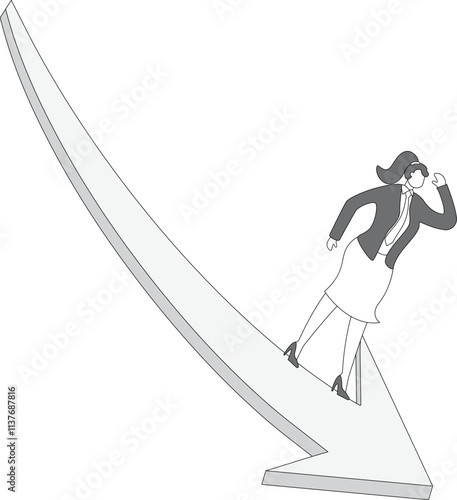 Career setbacks or economic downturns, recessions, financial crises, failed investments, falling prices, hands on the head of a desperate businesswoman standing on the edge of a falling arrow