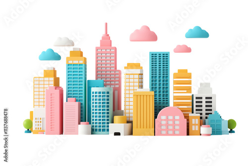 A colorful city skyline featuring various stylized buildings and clouds, showcasing a playful architectural design.