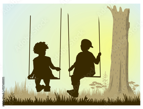 Children silhouettes. Little boy and girl swinging on a playground. Vector illustration.	
