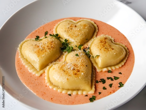 Heart-shaped ravioli in a creamy pink sauce, garnished with herbs, served in a round white plate.