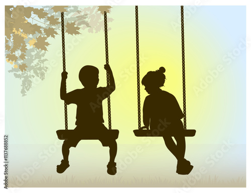 Children silhouettes. Little boy and girl swinging on a playground. Vector illustration.	
