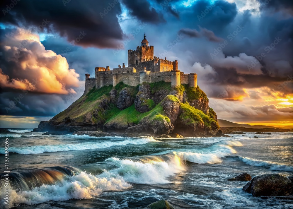 Majestic Coastal Castle Stormy Sky - Low Light Photography - Epic Seascape Majestic Coastal Castle Stormy Sky - Low Light Photography - Epic Seascape
