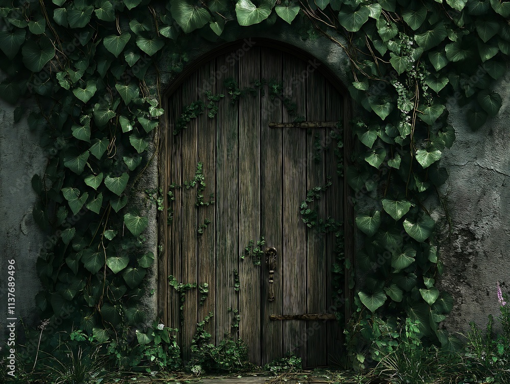 An ancient wooden door overgrown with greenery An ancient wooden door overgrown with greenery