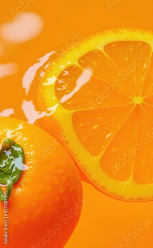 Orange with green leaves floating on a pool of orange juice.