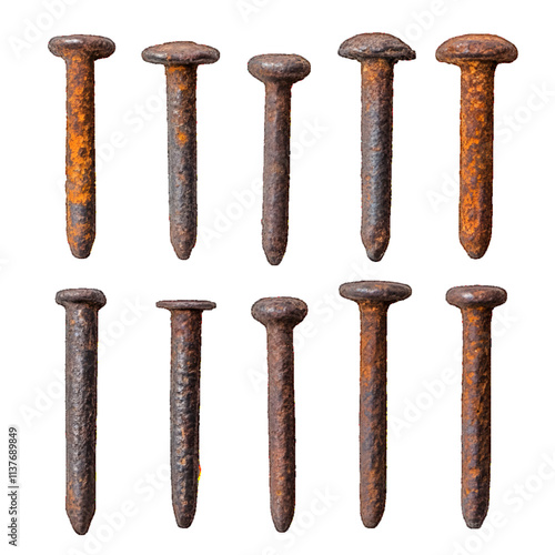 Set old rusty metal nail isolated on white, design elements