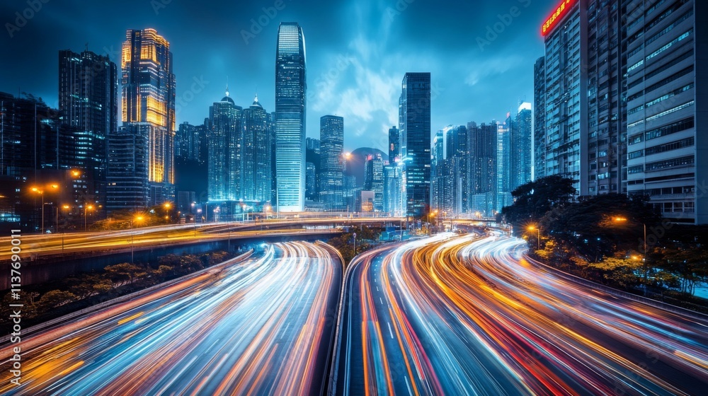 Night Cityscape Showing Light Trails Of Traffic On Highway Night Cityscape Showing Light Trails Of Traffic On Highway