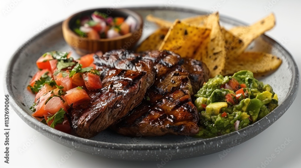 Delicious Grilled Steak with Guacamole, Pico de Gallo, and Tortilla Chips Delicious Grilled Steak with Guacamole, Pico de Gallo, and Tortilla Chips