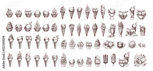 Big hand-drawn sketch of ice cream or frozen yoghurt in waffle cups and cones, milkshakes, ice cream on a stick, cookies. Element for labels, packaging and postcards. Sweet food.