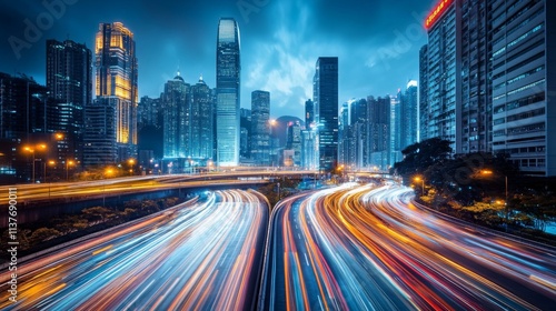 Night Cityscape Showing Light Trails Of Traffic On Highway