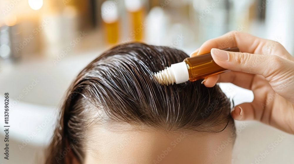 Naklejka premium Applying Hair Growth Oil to Scalp