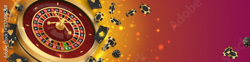 Banner with Golden casino roulette, wheel with flying black poker chips, tokens, playing cards, dices, around on red background with lights, bokeh. Vector illustration for design, advertising
