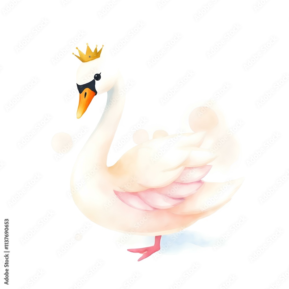 Fototapeta premium Elegant Crowned Swan - Whimsical Watercolor Illustration, Queen Swam, Princess, King, Birthday decoration, clipart 