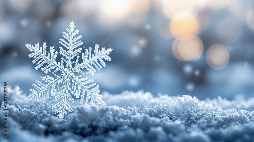 Stunning macro photograph of a single, intricately detailed snowflake against a soft-focus winter background. Perfect for holiday designs, winter themes, and nature photography projects Stunning macro photograph of a single, intricately detailed snowflake against a soft-focus winter background. Perfect for holiday designs, winter themes, and nature photography projects