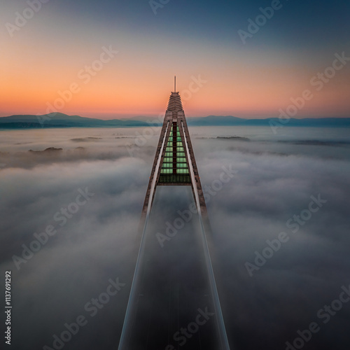 Obraz na płótnie Budapest, Hungary - Aerial view of one of the pillars of the Megyeri Bridge over River Danube covered in heavy autumn fog at sunset with blue and golden sky w salonie