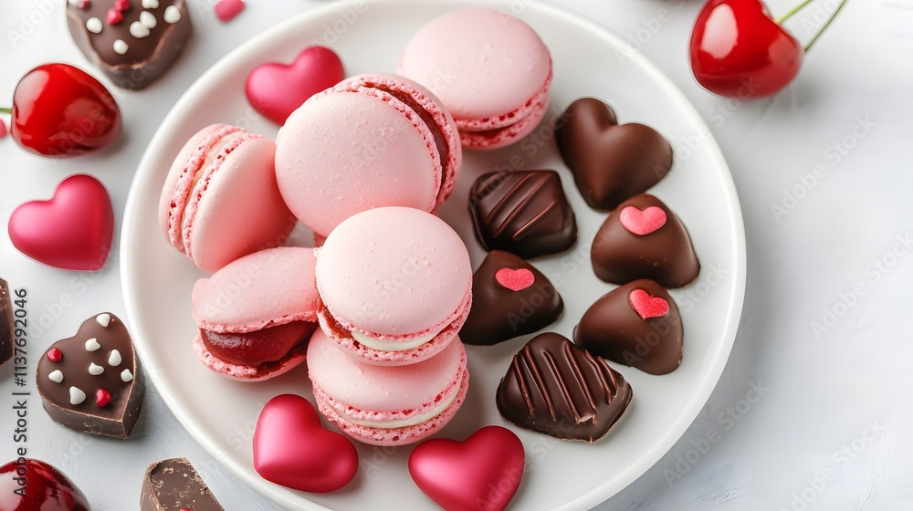 Fototapeta premium A plate filled with pink macarons and assorted heart-shaped chocolates, perfect for celebrating love and special occasions.