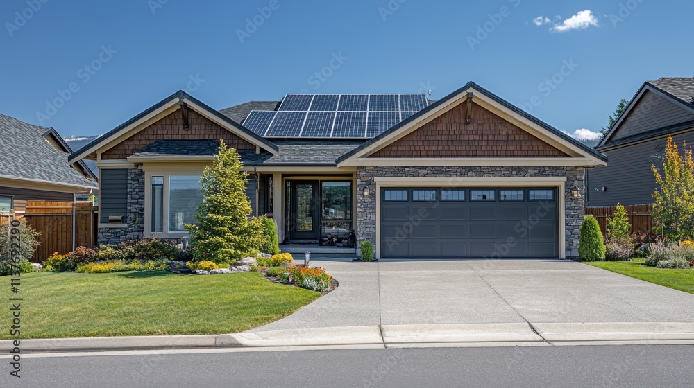Modern Family Home with Solar Panels and Lush Landscaping in Bright Sunlight