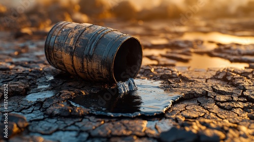 Environmental pollution oil barrel spill nature photo outdoor close-up impact on ecosystem
