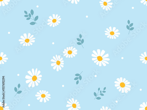 Seamless pattern with daisy flower, green leaves and white dot on blue background vector.