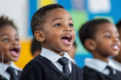 Joyful children singing in classroom urban school group activity bright environment close-up education and community engagement