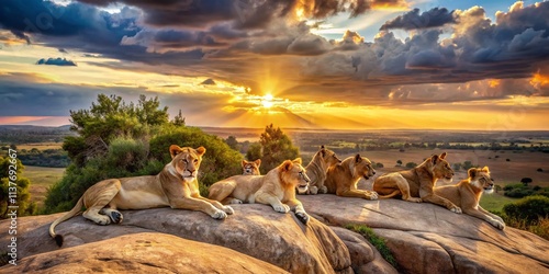 Majestic Lions Landscape: Pride Rock Sunset, African Savanna Wildlife Photography