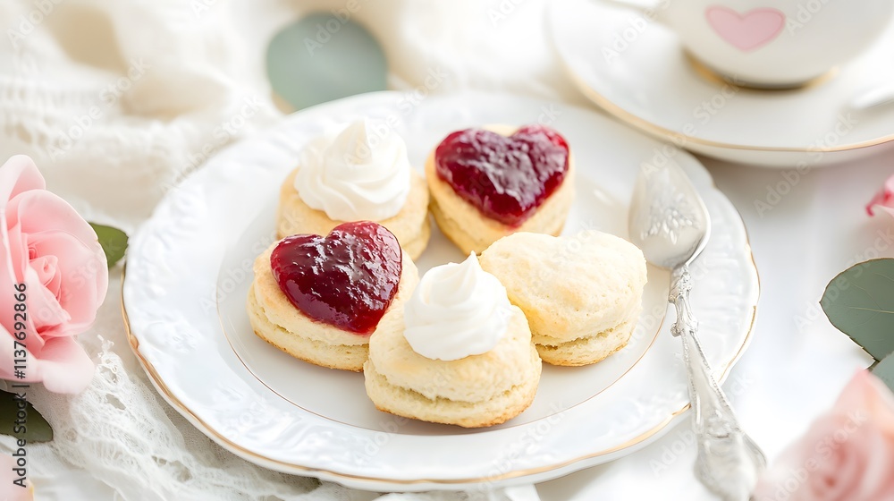 Heart-shaped biscuits with cream and jam are elegantly arranged on a plate, surrounded by delicate flowers and a cup, creating a charming and inviting dessert display. Heart-shaped biscuits with cream and jam are elegantly arranged on a plate, surrounded by delicate flowers and a cup, creating a charming and inviting dessert display.
