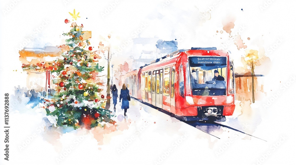 Obraz premium Christmas City Tram: A Festive Watercolor Painting of a Winter Commute