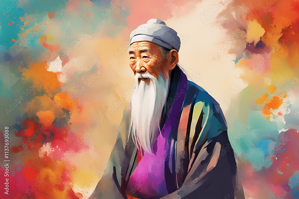 Fototapeta premium A colorful digital painting of an elderly man with a long beard and gentle facial features, wearing a simple, elegant outfit. The background is vibrant with abstract splashes of warm and cool colors.