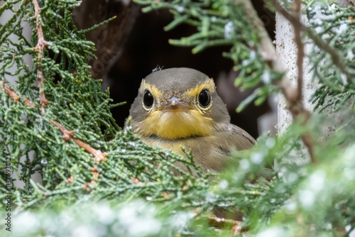 A ruby-crowned kinglet perched on a branch.. Beautiful simple AI generated image photo