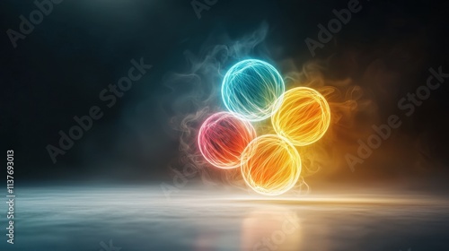 The stunning image features a mesmerizing display of neon light spheres, glowing in vibrant colors, being illuminated by a bright spotlight against a pitch black background