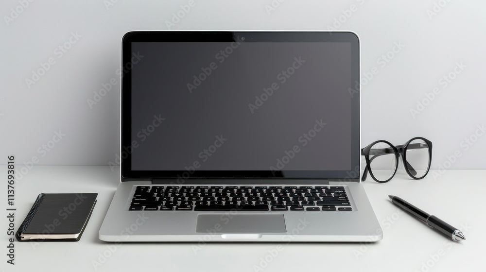 Modern Workspace: Laptop, Notebook, Pen, and Glasses on a Minimalist Desk Modern Workspace: Laptop, Notebook, Pen, and Glasses on a Minimalist Desk