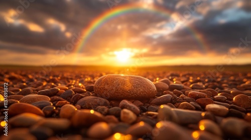 Colors of Tolerance: Rainbow and Wet Stones at Sunset. Generative AI photo